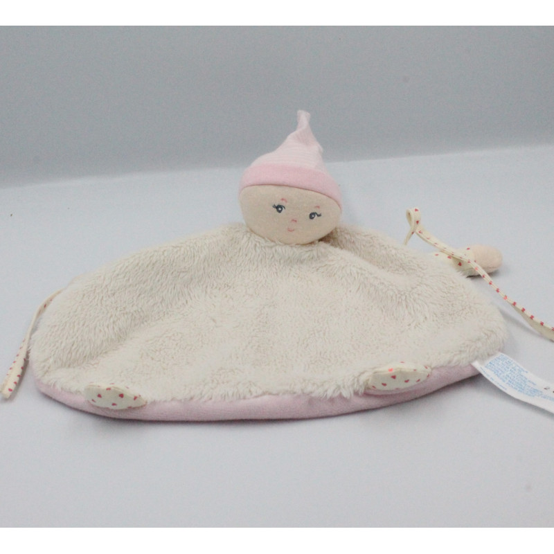Doudou plat poupée lutin rose blanc coeur COROLLE