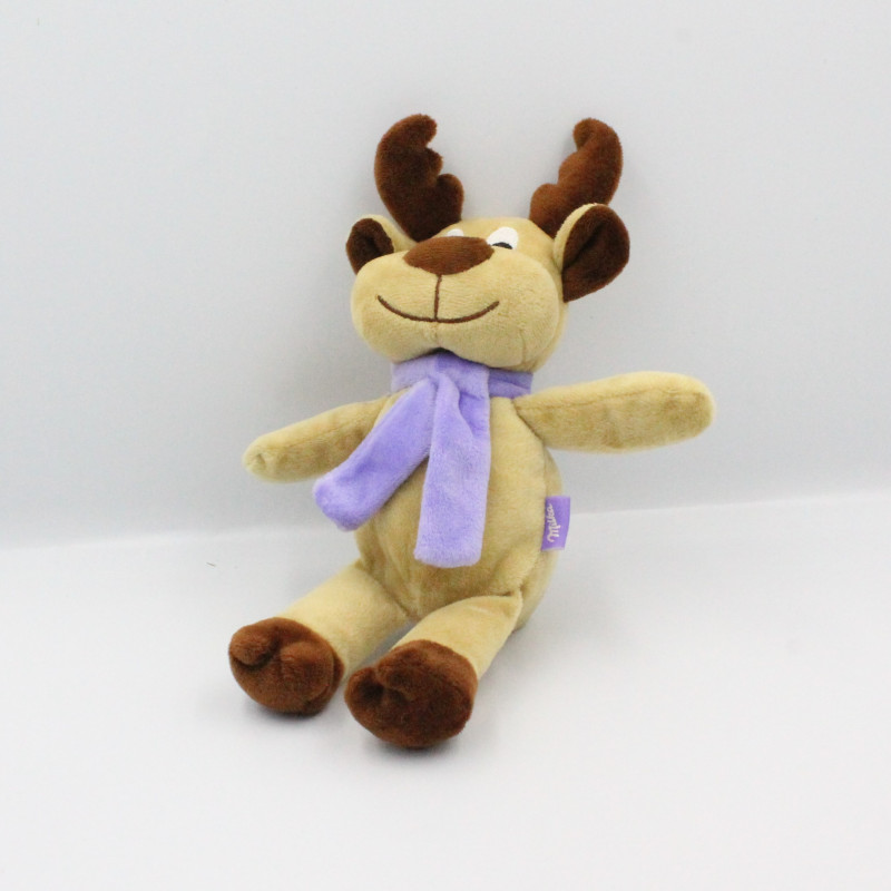 Doudou cerf renne elan beige marron écharpe mauve MILKA