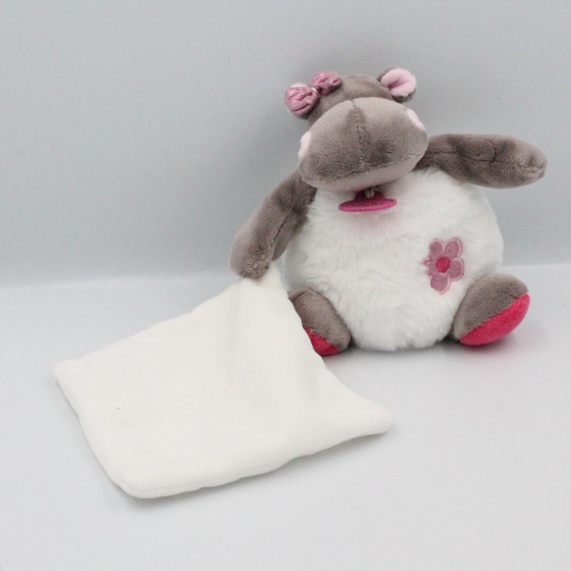 Doudou Hippopotame marron blanc rose Zoé mouchoir BABY NAT