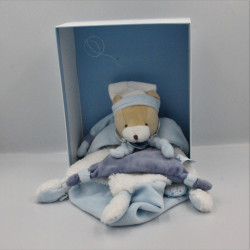 Doudou et compagnie plat ours bleu blanc fourrure Petit Chou avec boite