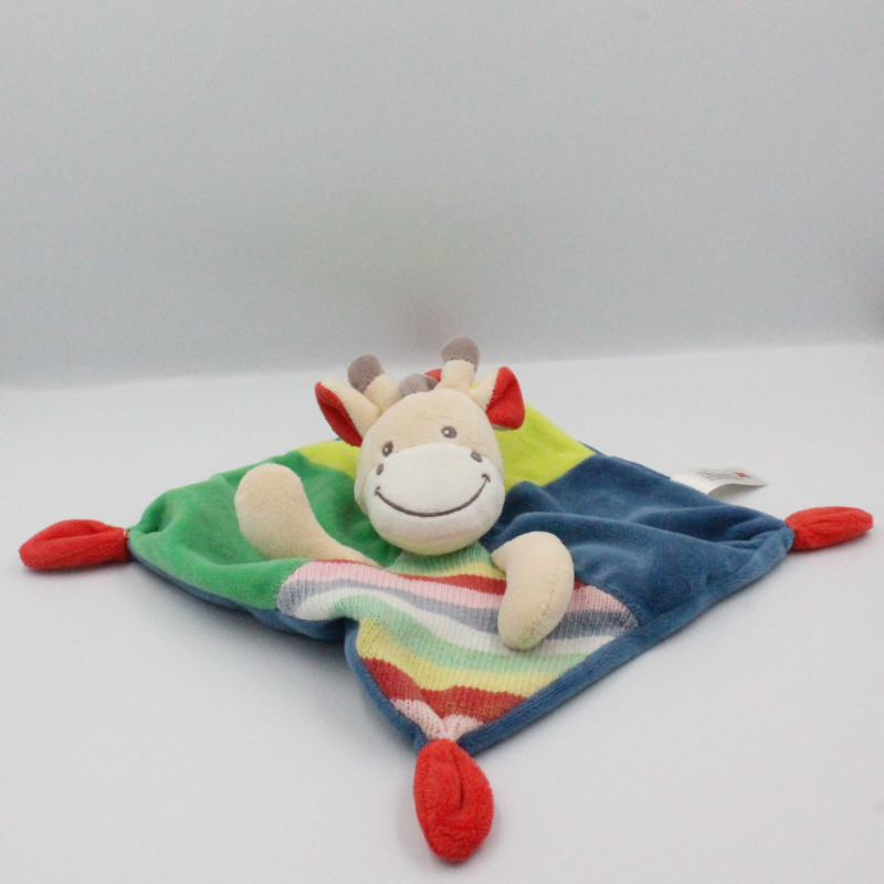 Doudou plat vache girafe bleu vert rose rouge laine NICOTOY