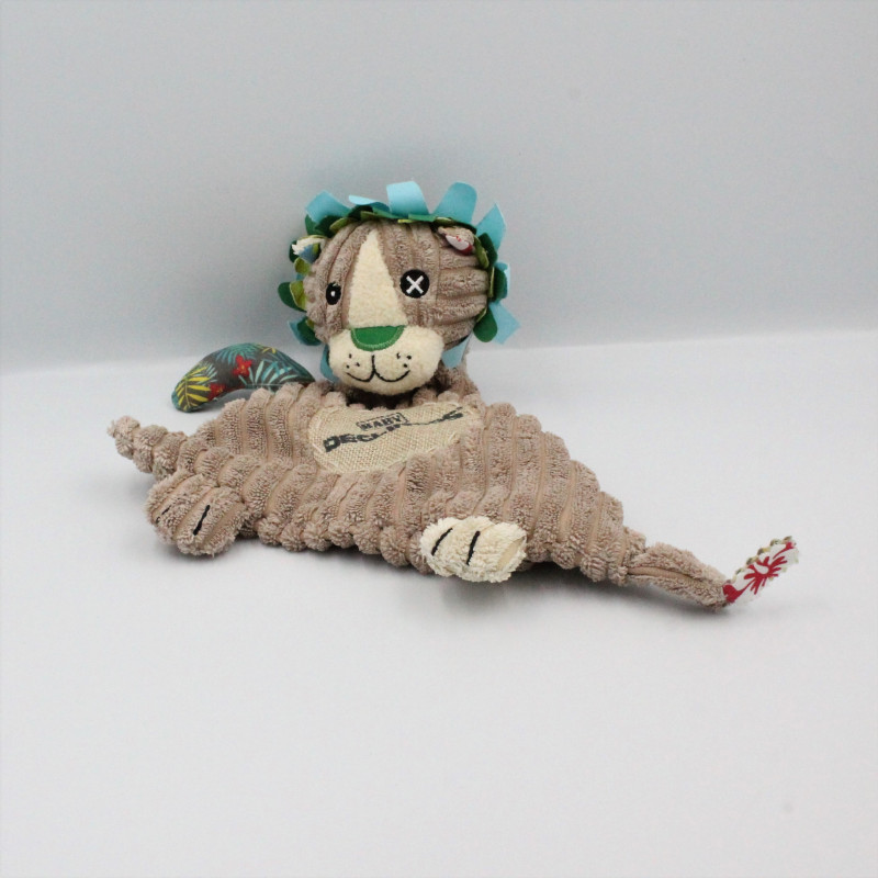 Doudou plat lion beige bleu vert Jelekros BABY DEGLINGOS