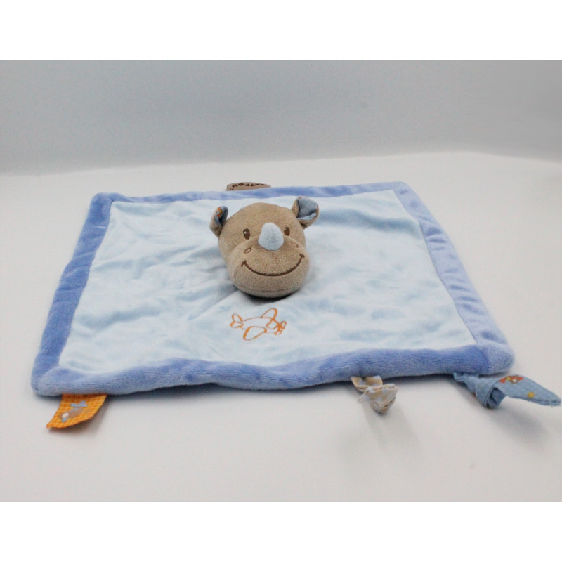 Doudou plat rhinocéros bleu marron avion NATTOU