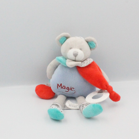 Doudou et compagnie pantin eveil ours gris bleu rouge Magic