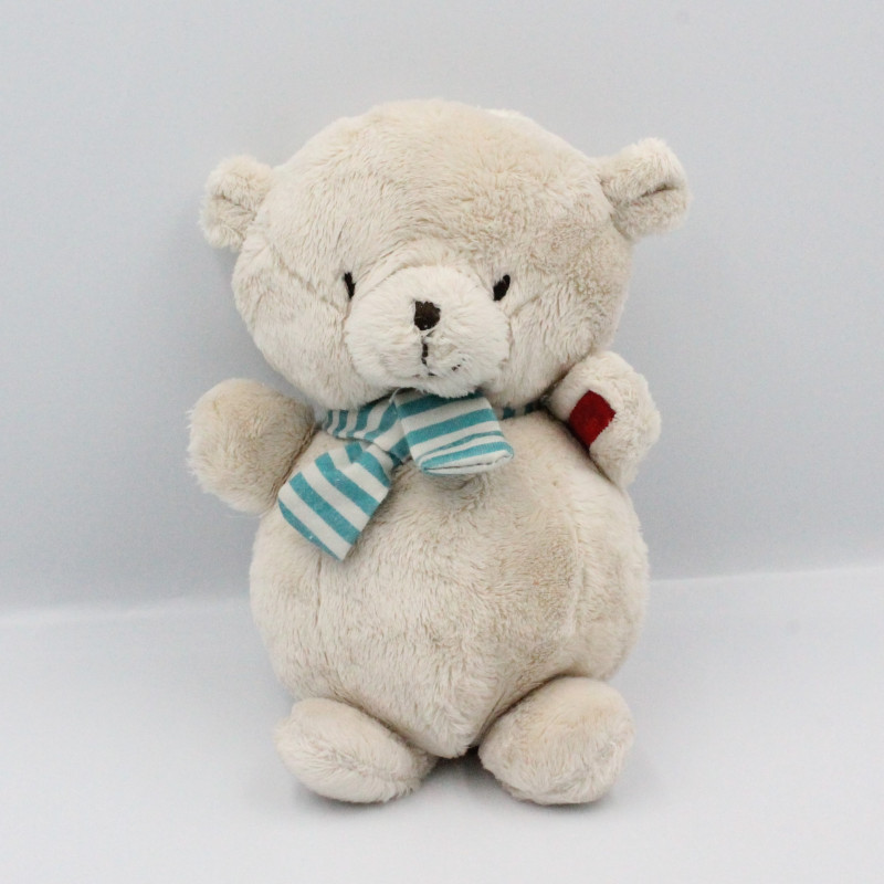 Doudou ours beige écharpe rayé bleu ORCHESTRA