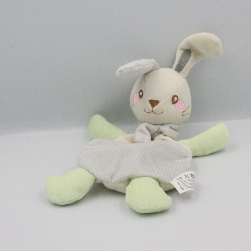 Doudou plat lapin blanc vert gris pois VERTBAUDET