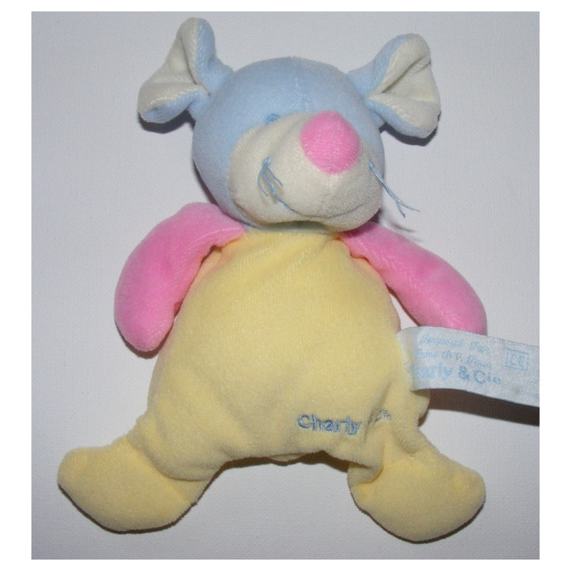 Doudou plat souris jaune bleu CHARLY ET CIE