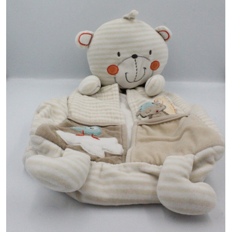 Doudou range pyjama ours blanc beige rayé Kitchoun KIABI