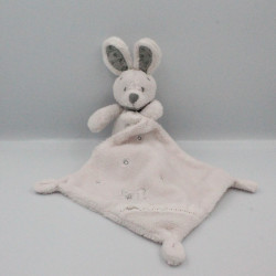 Doudou lapin blanc rose gris mouchoir VERTBAUDET