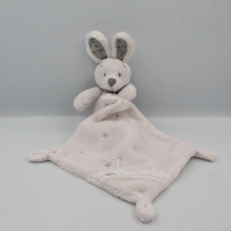 Doudou lapin blanc rose gris mouchoir VERTBAUDET