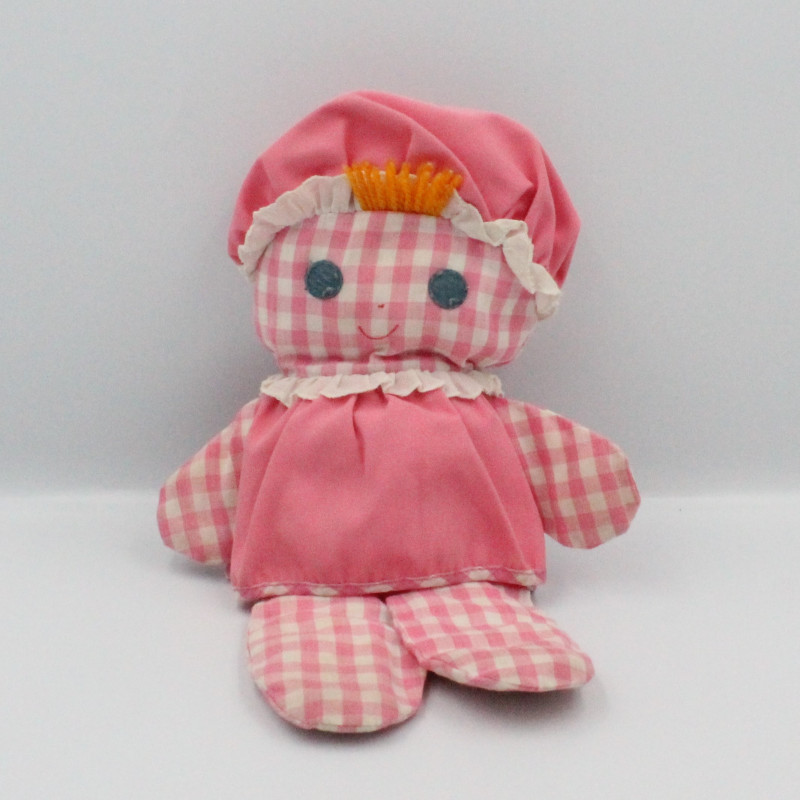 Ancienne peluche poupée chiffon rose carreaux FISHER PRICE 1975 Vintage