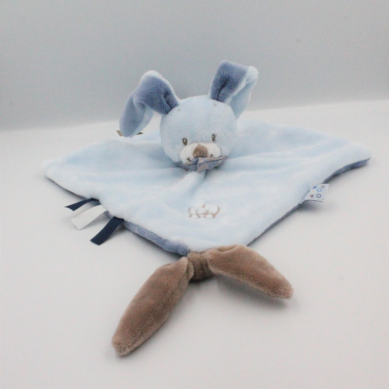 Doudou plat lapin bleu beige Bibou NATTOU