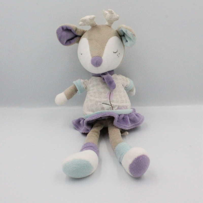 Doudou biche faon élan gris blanc violet bleu Amour SAUTHON