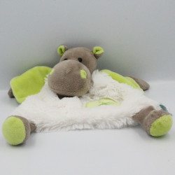 Doudou plat Hippopotame marron blanc vert Bazile l'hippo BABY NAT