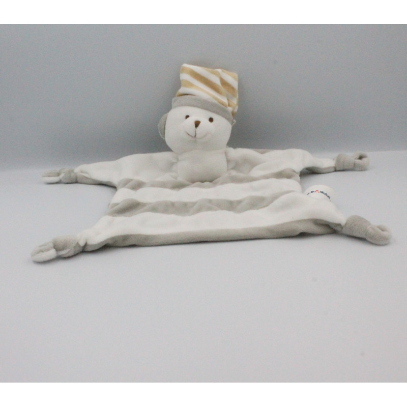Doudou plat ours blanc gris beige rayé CREDIT MUTUEL