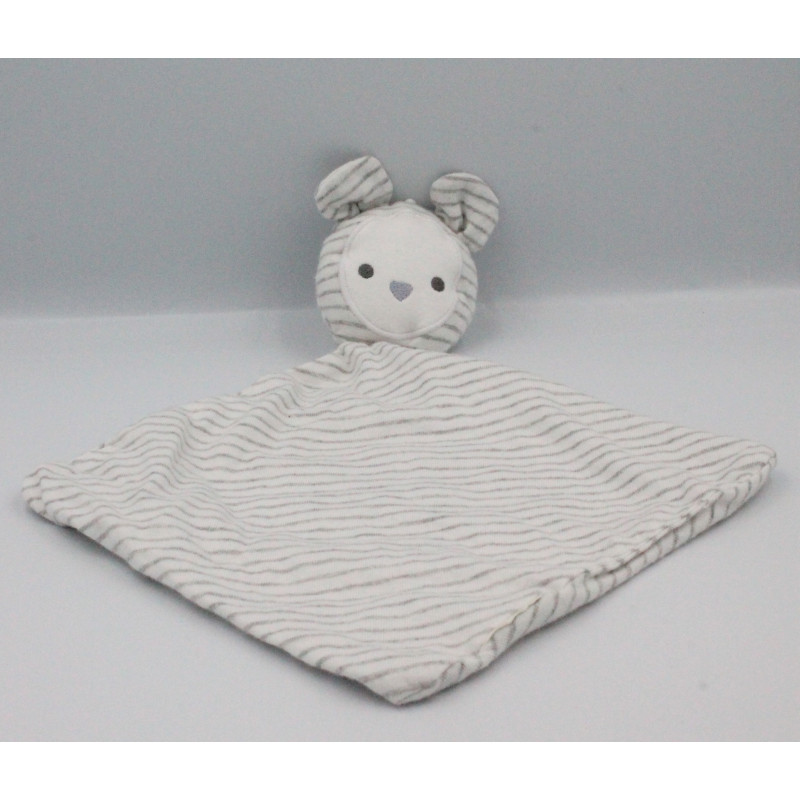 Doudou plat ours souris blanc rayé gris OBAIBI OKAIDI
