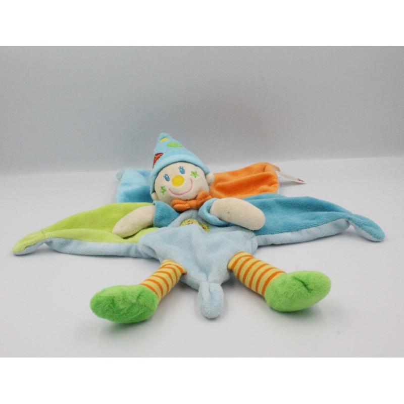 Doudou plat garçon lutin clown bleu orange vert NICOTOY