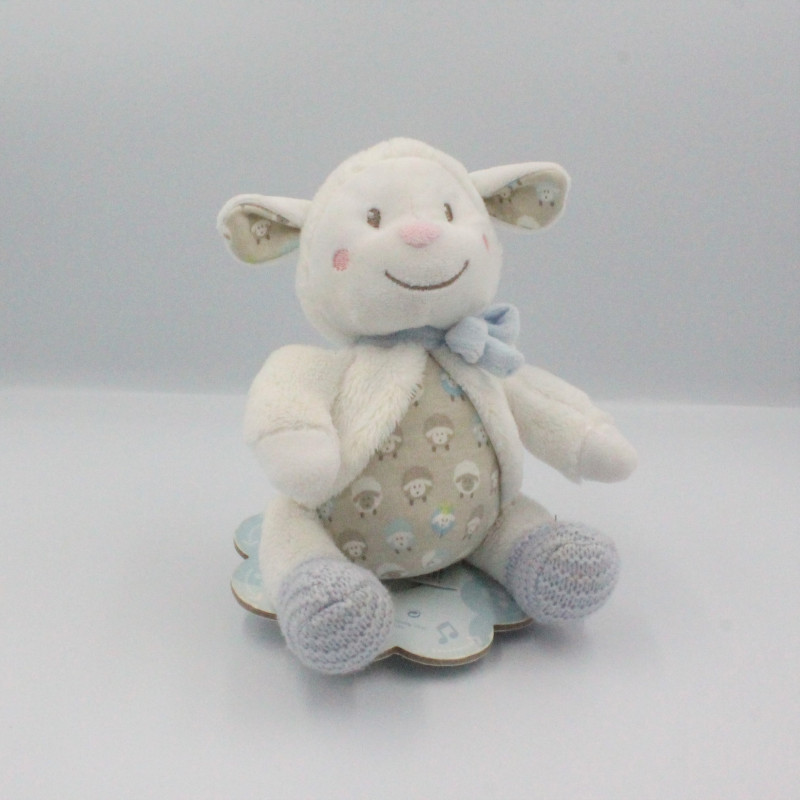Doudou musical mouton blanc beige bleu laine NICOTO