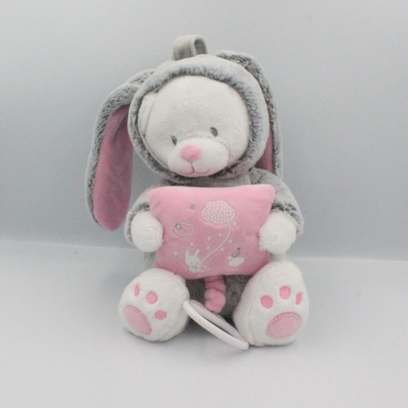 Doudou musical ours lapin gris rose blanc coussin MOTS D'ENFANTS