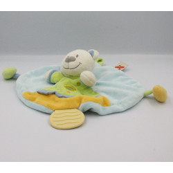 Doudou plat rond ours bleu vert jaune coeur NICOTOY