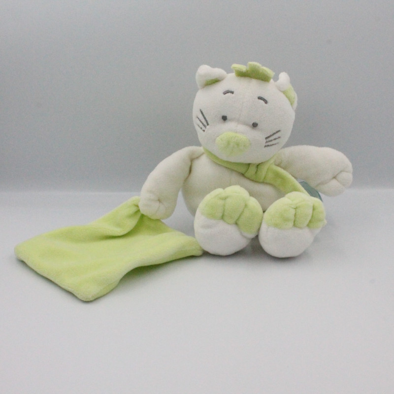 Doudou chat blanc vert mouchoir Douceur BABY NAT