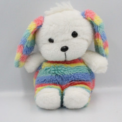 Ancienne peluche chien blanc bleu rose jaune vert Arc en ciel