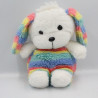 Ancienne peluche chien blanc bleu rose jaune vert Arc en ciel