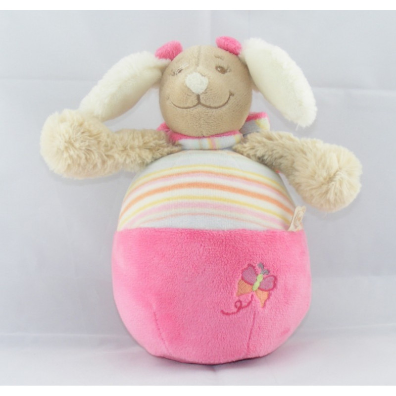 Doudou culbuto chien beige Scuba noeuds rose NOUKIE'S