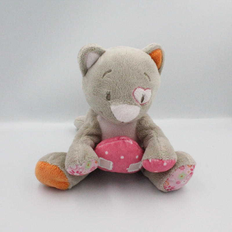 Doudou musical chat gris rose fleurs coeur Iris NOUKIE'S