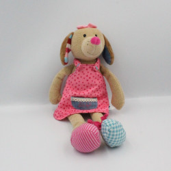 Doudou chien beige robe rose coeurs LIEF