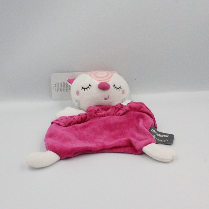 Doudou plat chat blanc rose pois ORCHESTRA PREMAMAN