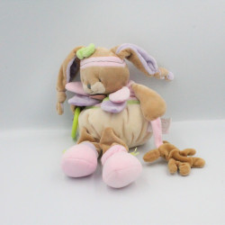 Doudou et compagnie lapin Lila beige rose mauve vert blanc hochet