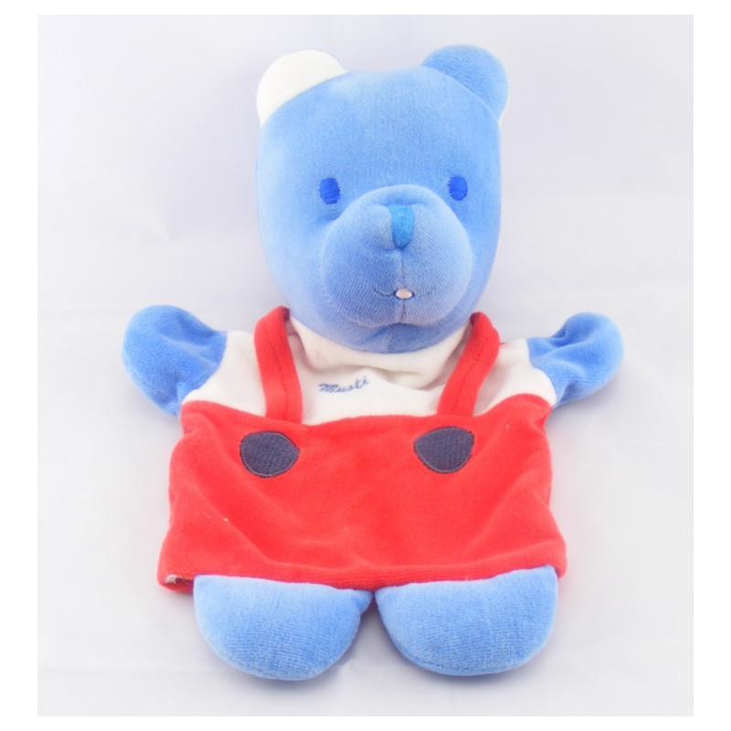 Doudou plat ours bleu salopette rouge MUSTELA