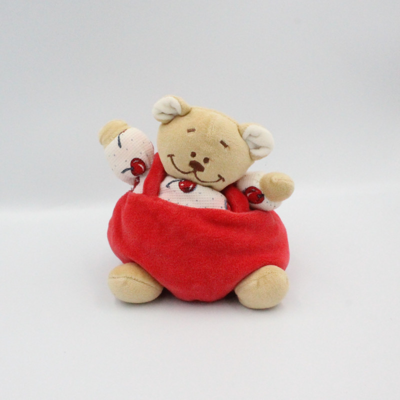 Doudou ours beige blanc rouge cerise NOUKIE'S