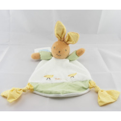 Doudou plat lapin blanc vert oiseau brodé TAKINOU