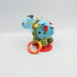 Doudou dinosaure bleu vert étiquettes hochet anneau NICOTOY