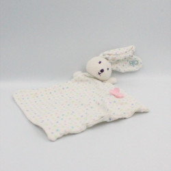 Doudou plat lapin blanc rose à pois fleur OBAIBI