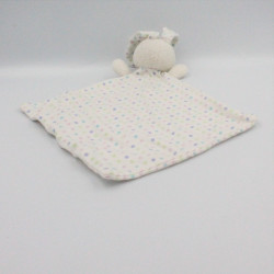 Doudou plat lapin blanc rose à pois fleur OBAIBI