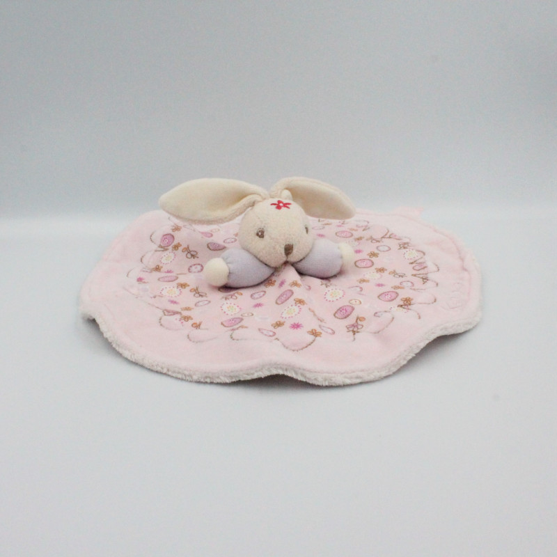 Doudou plat rond lapin rose mauve fleurs KALOO