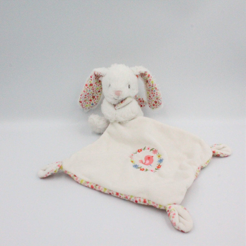 Doudou lapin blanc rose fleurs mouchoir POMMETTE