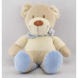 Doudou ours beige blanc rayé bleu POMMETTE