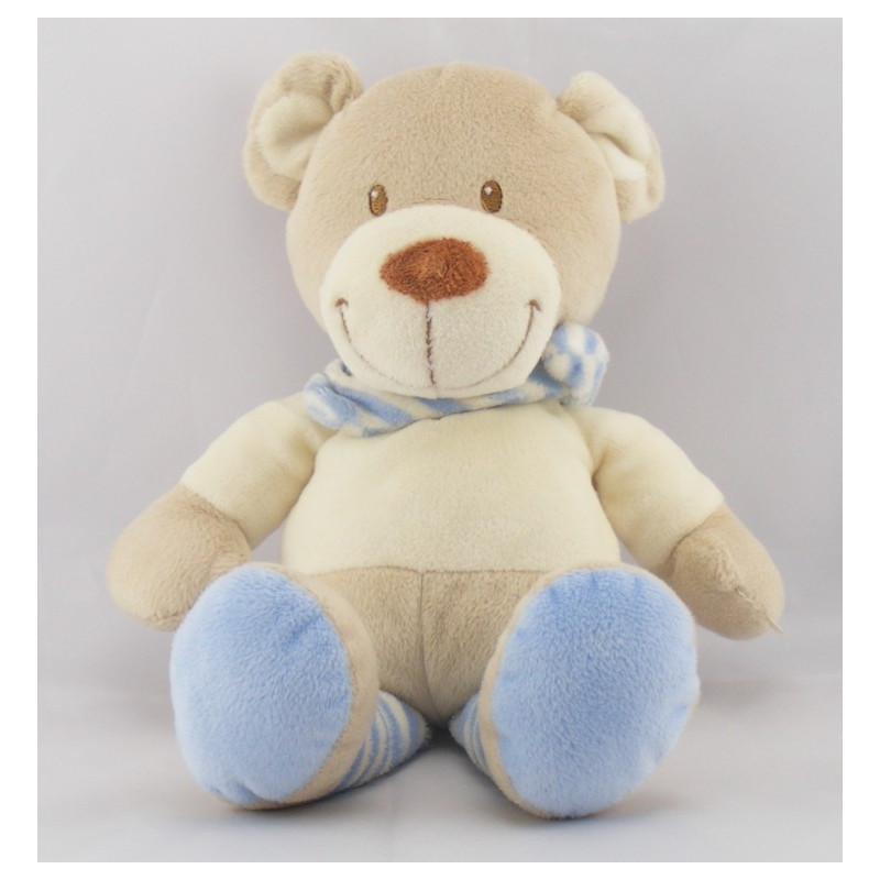 Doudou ours beige blanc rayé bleu POMMETTE