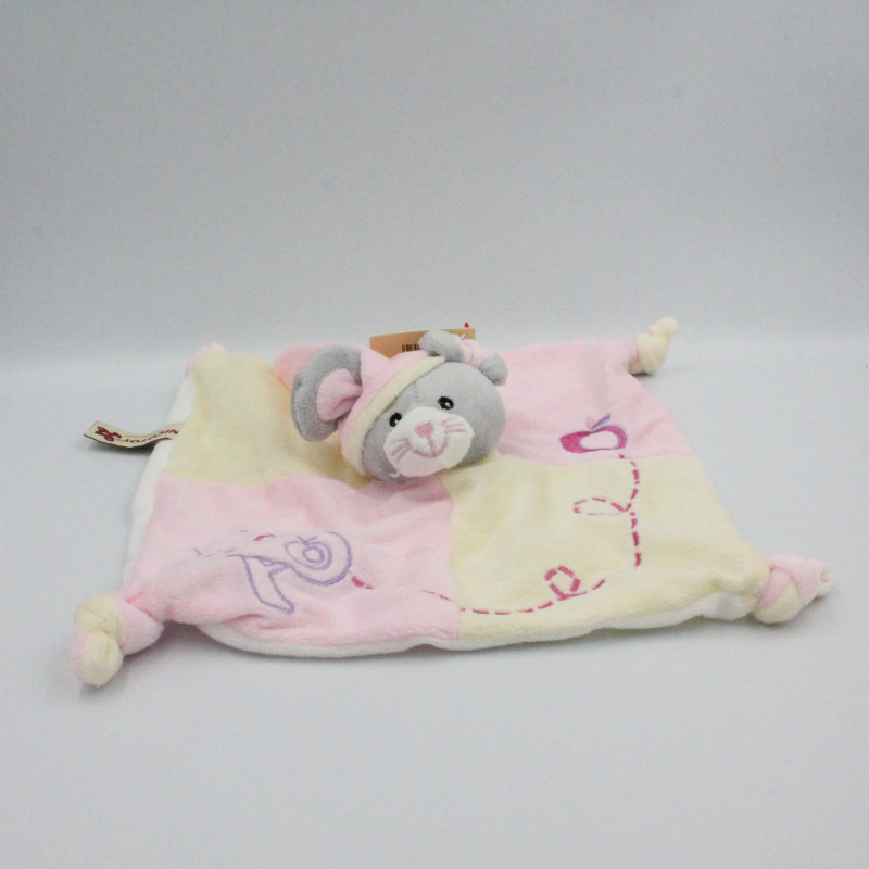 Doudou plat souris rose blanc pommes NICOTOY
