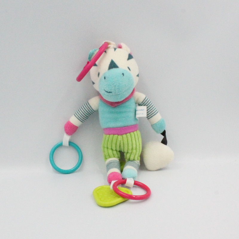 Doudou eveil hochet zèbre blanc bleu rose vert rayé BEBE CONFORT