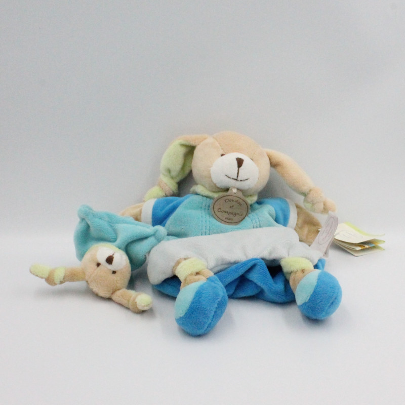 Doudou plat lapin bleu Pinou et son bébé DOUDOU ET COMPAGNIE