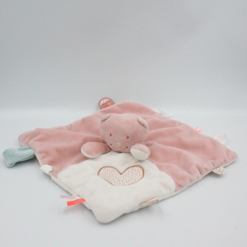 Doudou plat chat rose blanc coeur NOUKIE'S