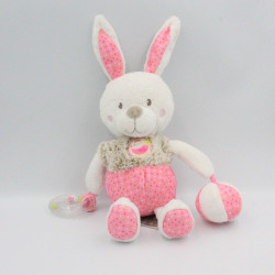 Doudou lapin blanc rose beige pois oiseau hochet balle MOTS D'ENFANTS