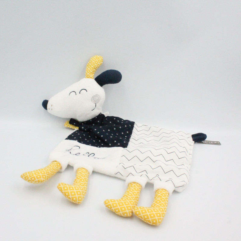 Doudou plat chien blanc bleu jaune Hello SAUTHON