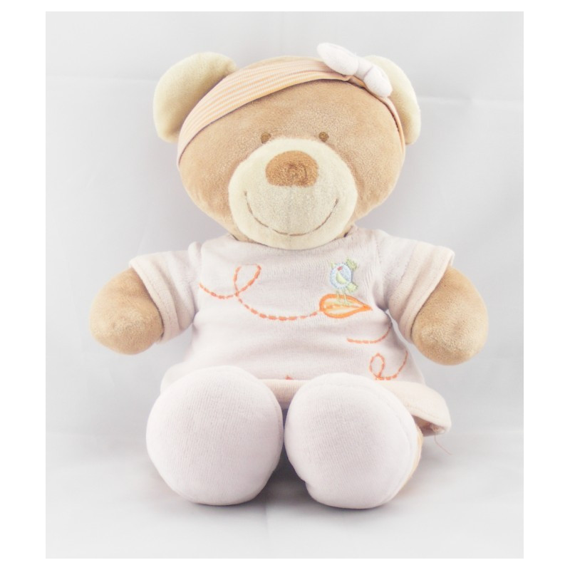 Doudou ours robe rose oiseau bandeau POMMETTE