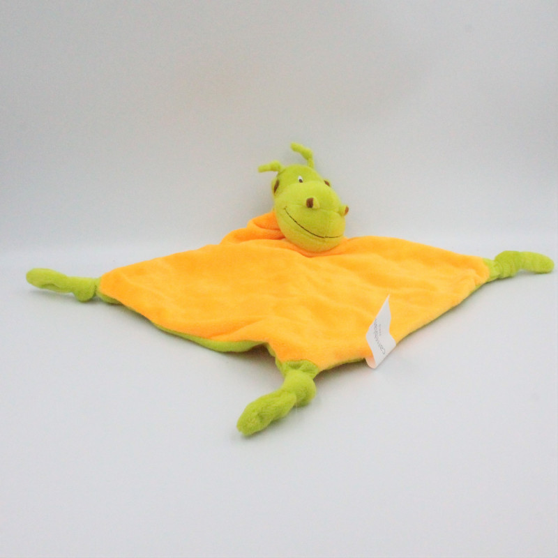 Doudou plat dragon vert orange CARRE BLANC